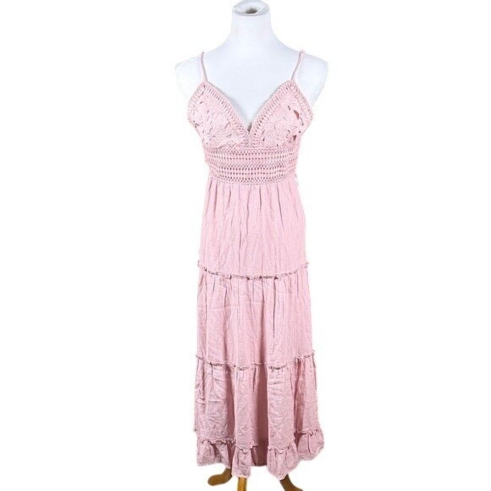 Love Tree Mauve Pink Crochet Lace Tiered Maxi Dress Open Back Small 4824DM